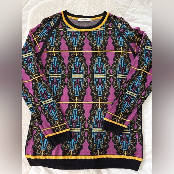 Bimba y Lola Multicolor jacquard Geometric Pattern Sweatshirt size L Black Pink - Picture 1 of 7